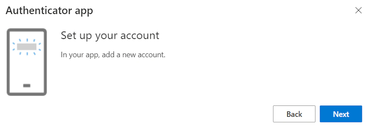 Screenshot of the 'Set up your account' screen showing the 'In your app, add a new account' message.