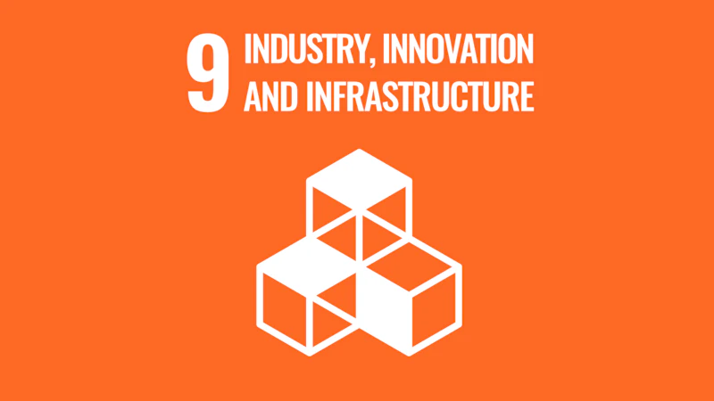 This image is a stylised graphic representing the United Nations' Sustainable Development Goal 9: Industry, Innovation and Infrastructure.  It features a square, bright orange background. In the upper left corner, the number 