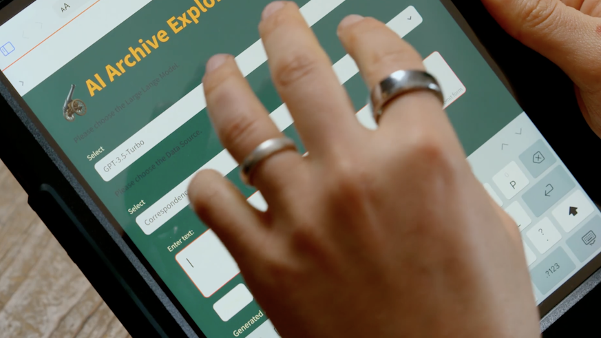 A photograph of a hand using an AI app on an iPad