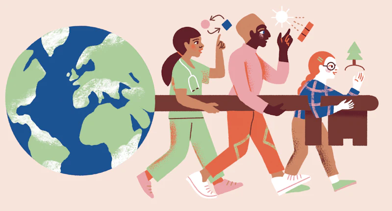 An illustration of three people holding a representation of the Earth as a key.