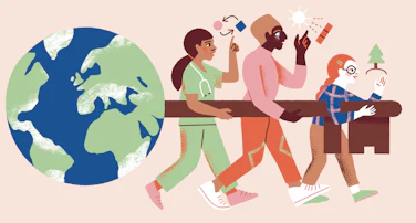 An illustration of three people holding a representation of the Earth as a key.