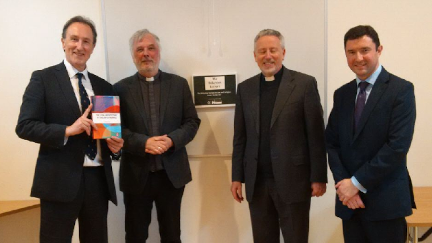 Professor Norman Doe (far left) pictured with Revd Canon Andrew Featherstone (Chancellor), Very Revd John Davies (Dean), and Christopher Jones (Partner, Harris and Harris).