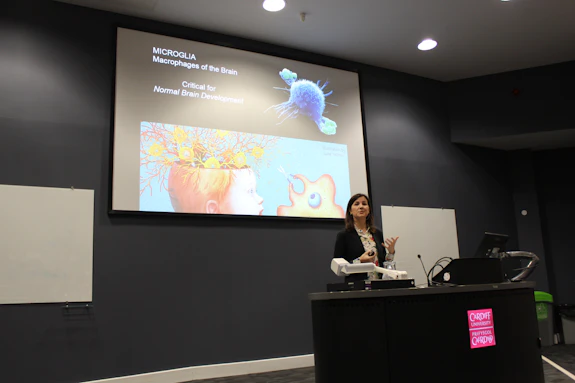 Photograph of Staci Bilbo delivering a lecture
