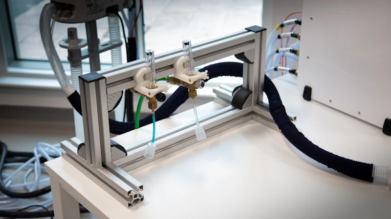a custom-built metal frame holds two gas flow meters for mri studies