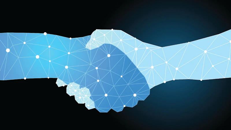 a hand shake consisting on one light and one dark blue digital hand
