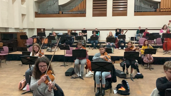 Cardiff University Symphony Orchestra in a socially distanced rehearsal
