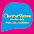 Image reads: ClwstwrVerse Monday, 4 July Dydd Llun, 4 Gorffennaf in yellow writing on blue and hot pink background
