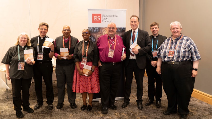 From left to right, Cardiff LLM in Canon Law graduates who attended the launch: Virginia Theological Seminary, Kathy Grieb; Deputy Secretary General of the Anglican Communion, Will Adam; Bishop of Easton (USA), Santosh Marray, Bishop of Lesotho, Vicentia Kgabe; Bishop of Cork, Paul Colton; Professor Norman Doe; Doctoral Student at the School of Law and Politics, Revd Russell Dewhurst and Bishop of St Asaph Gregory Cameron.