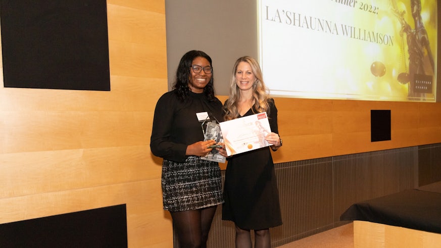 La'Shaunna Williamson at the National Inspirational Women in Law Awards with Kate Vyvyan, Partner at Clifford Chance LLP. 