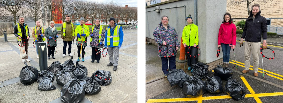 Litter pickers standing in front of bags of collected litter