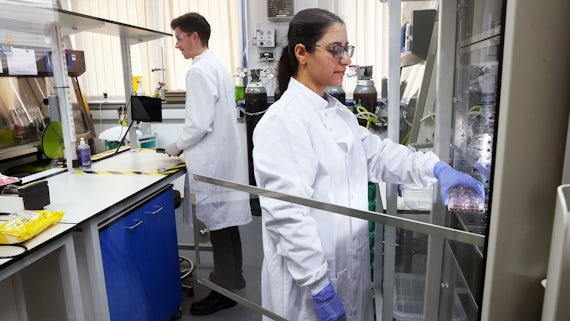 Woman working in a lab wearing a white lab coat