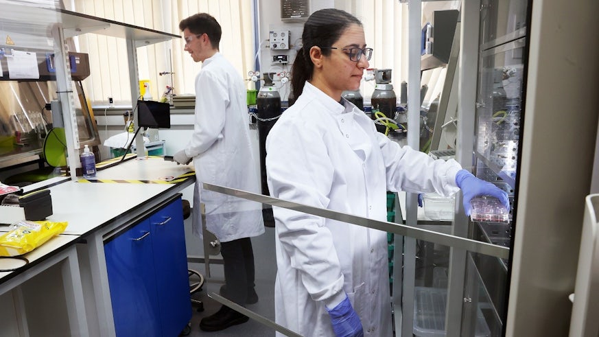Woman working in a lab wearing a white lab coat