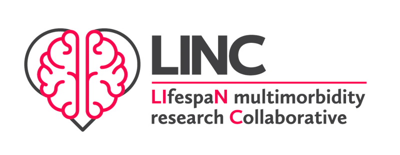 LINC logo - grey and pinkish red with a heart brain shape