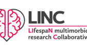 LINC logo - grey and pinkish red with a heart brain shape