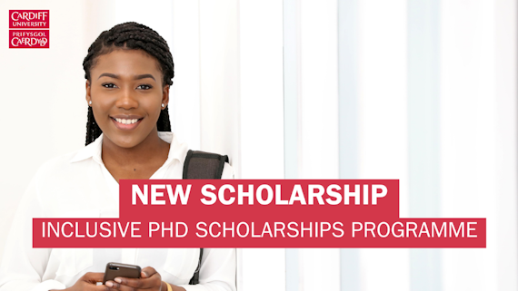 Student smiling in the background with the text 'New Scholarship - Inclusive PhD Scholarship Programme'