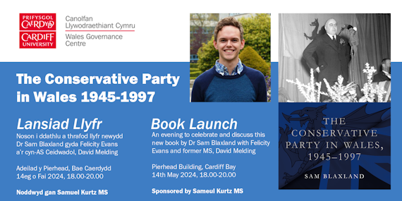 Description of event, with Wales Governance Centre sub-identity in top left corner, photograph of author Dr Sam Blaxland, and cover of his book that is being launched.