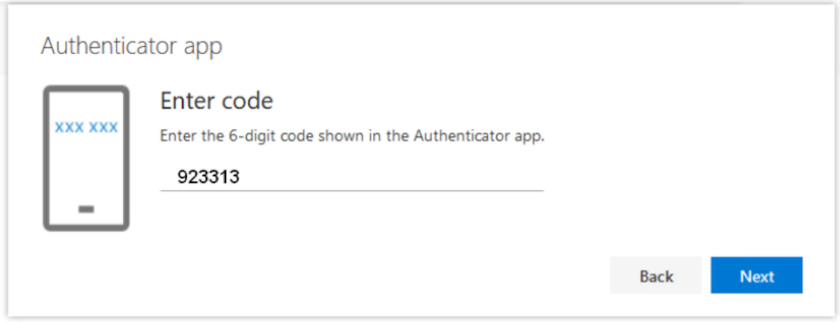 Screenshot of the 'Enter code' screen showing the 'Enter the 6-digit code shown in the Authenticator app' message