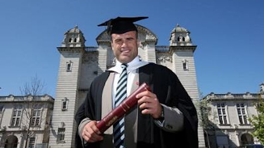 Jamie Roberts outside Main building, Cathays campus
