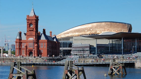 Wales Millenium Centre and the Pierhead Building on the waterfront at Cardiff Bay.