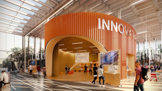 Architect's impression of the interior of Innovation Central with people walking around.