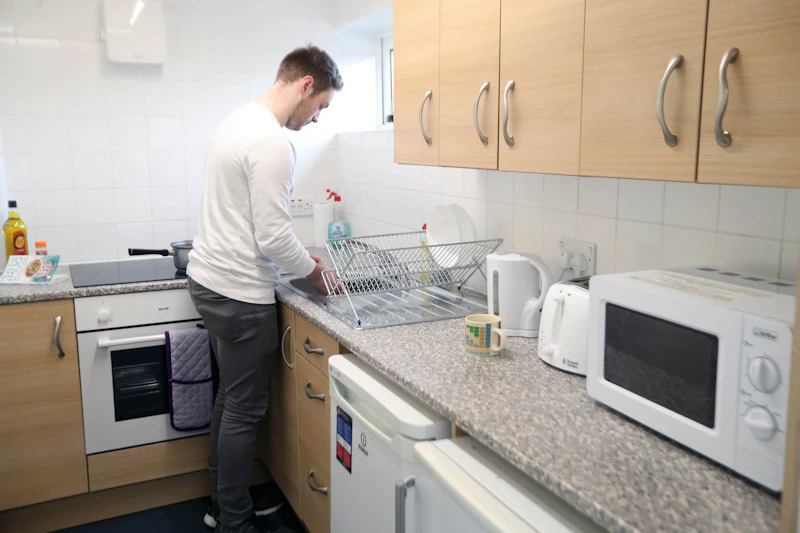Every kitchen has a toaster, kettle, iron, ironing board, dustpan & brush and mop & bucket