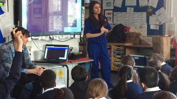 Third year medical student Hannah Cowan at Tredegarville Church in Wales Primary School.