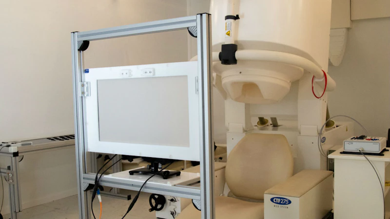 a metal custom-built screen holder holds a screen in place in front of the MEG scanner