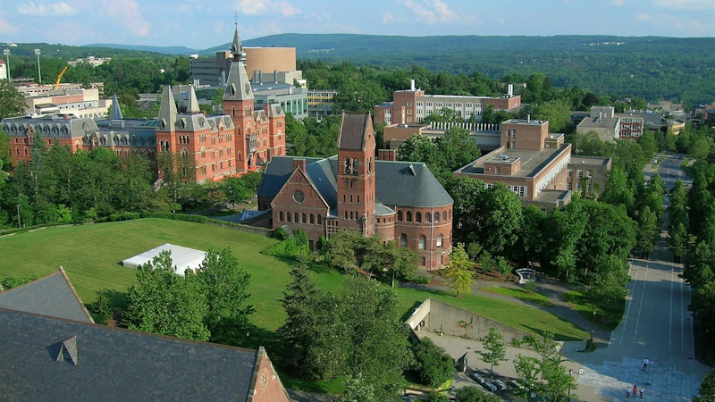 Aerial view of Ho Plaza and Sage Hall, Cornell University, Ithaca, New York, USA