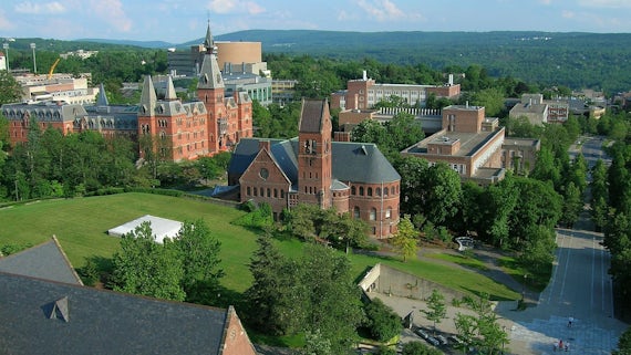 Aerial view of Ho Plaza and Sage Hall, Cornell University, Ithaca, New York, USA