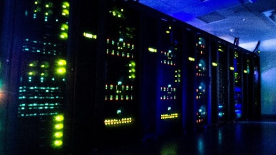 Dark image of the supercomputer with lights
