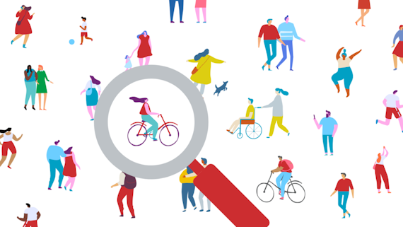 A graphic representation of the general public with a large magnifying glass hovering over a young woman on a bike