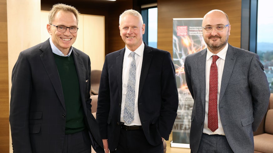 Sir Andrew Mackenzie, chair, UKRI; Professor Colin Riordan, President and Vice Chancellor, Cardiff University, and Professor Roger Whitaker, Pro Vice-Chancellor for Research Innovation and Enterprise