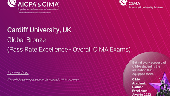 A purple certicate showing that Cardiff University has won a CIMA global excellence award