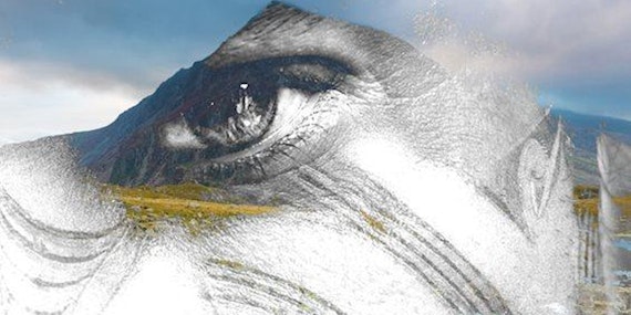 Stylised image of a face in front of a landscape