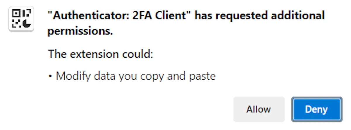 Screenshot of the 'Authenticator has requested additional permissions' notification message.