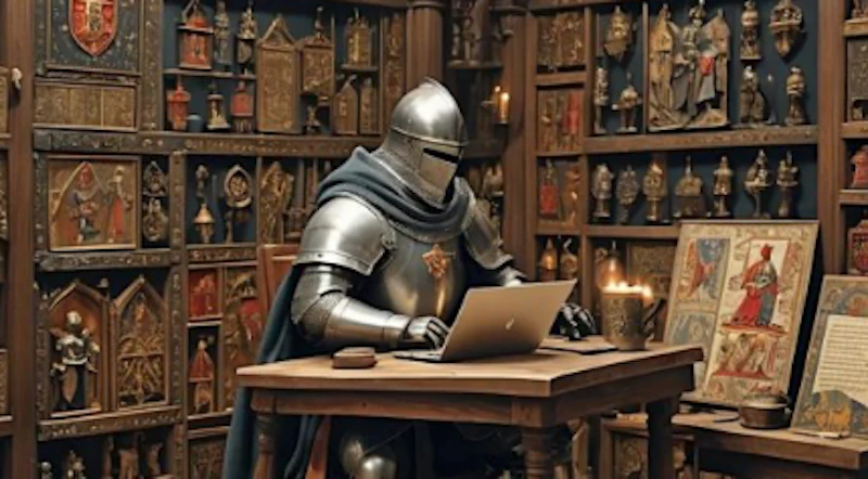 a medieval knight using a laptop
