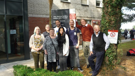 The seven Exploring the Past pathway students pictured with Co-ordinator Dr Paul Webster (second from far right).