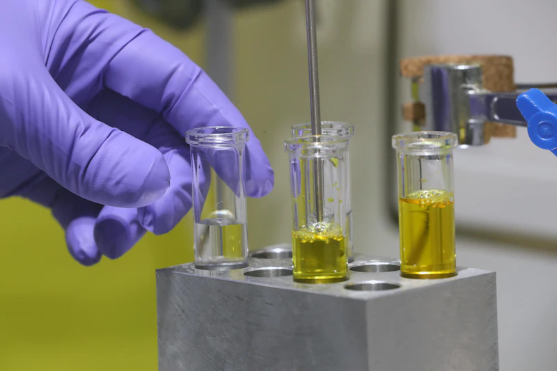 Gloves hand adjusting test tubes with yellow chemical