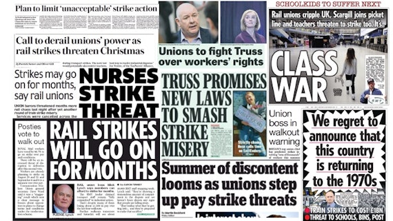 A collage of recent newspaper headlines about strike action in the UK in 2022