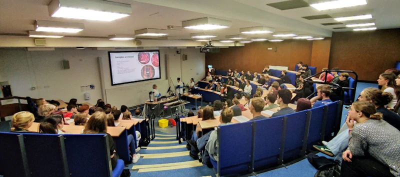 Students in an lecture theatre watching a otter post mortem