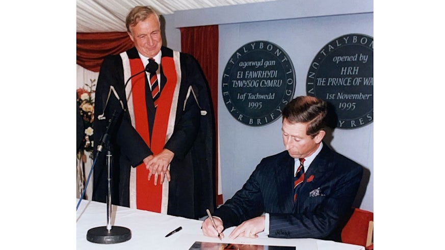 Sir Brian is pictured with King Charles at the official opening of the University’s Talybont residences in 1995. 