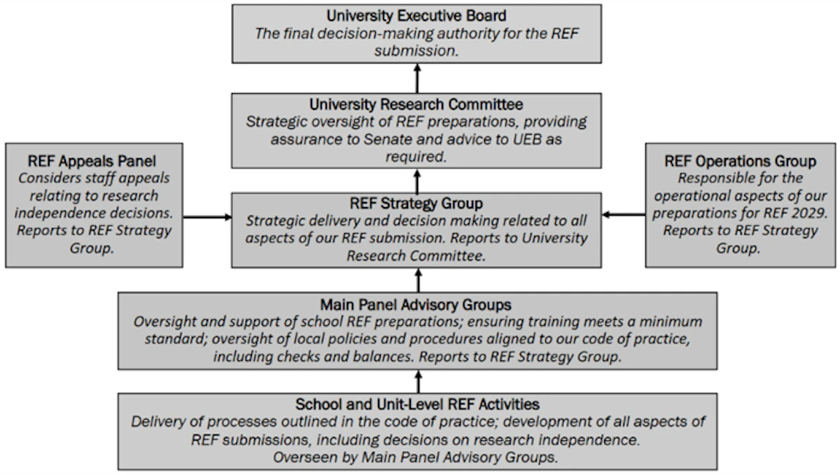 Diagram showing the responsibilities and relationships of the groups responsible for our REF 2029 submission
