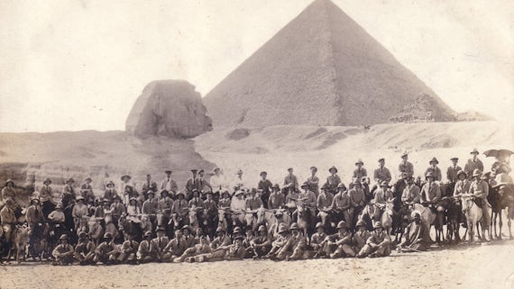 Group of World War One soldiers in front of a pyramid