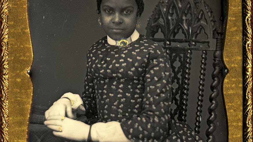 African American woman wearing white gloves, ca. 1855