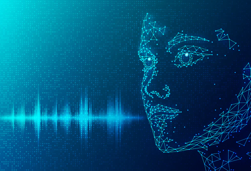 Computer generated image of head with speech wave patterns