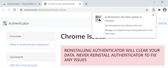 Screenshot of the 'Authenticator has been added to Chrome' message