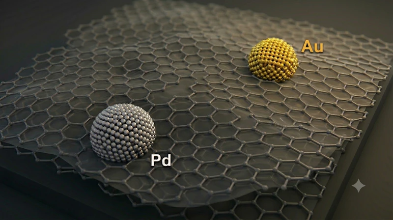 Chemical elements Gold and Palladium are visualised on top of a molecular grid.