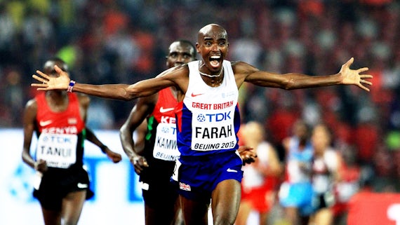 Mo Farah crosses the finish line in Beijing