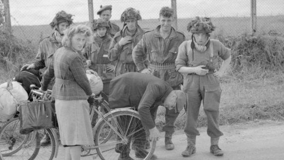 Airborne troops with French civilians near Ranville, 10 June 1944