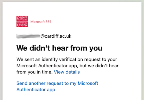Screenshot of the 'We didn't hear from you' screen showing the 'Send another request to my Microsoft Authenticator app' message
